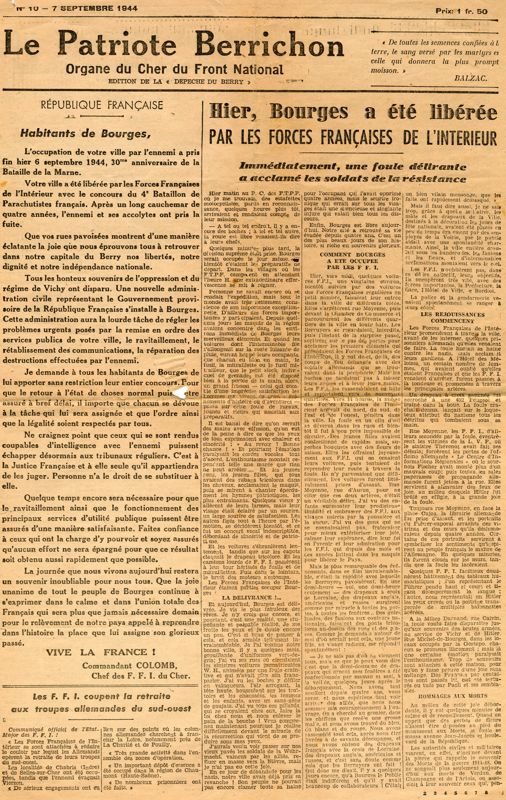 "Une" du Patriote berrichon du 7 septembre 1944 reproduisant la proclamation du commandant Colomb s'adressant aux habitants de Bourges qui vient d'être libérée